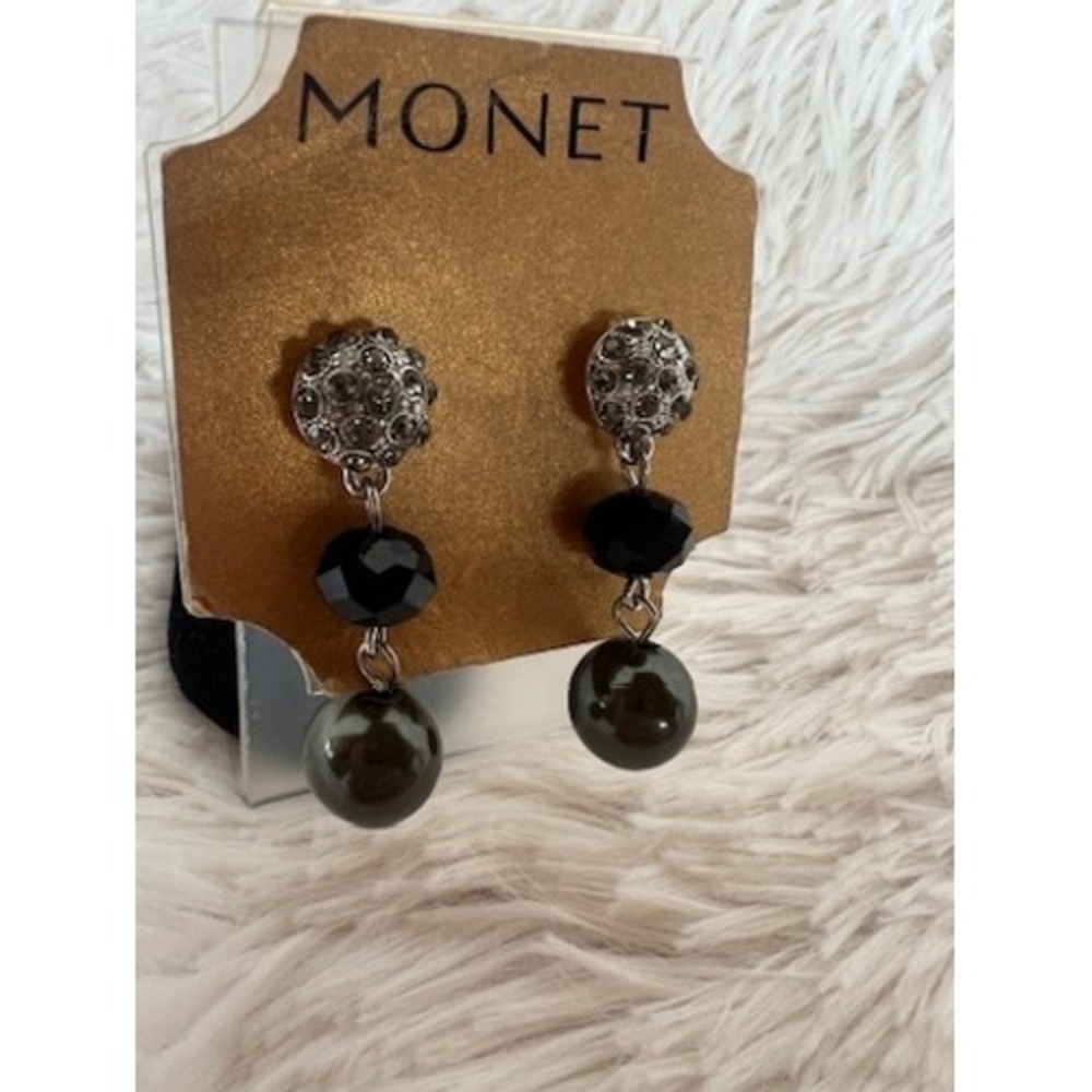 Monet Drop Earrings Black Silver Rhinestone Dangle Crystal Pearl Art Deco Glam - Picture 13 of 13